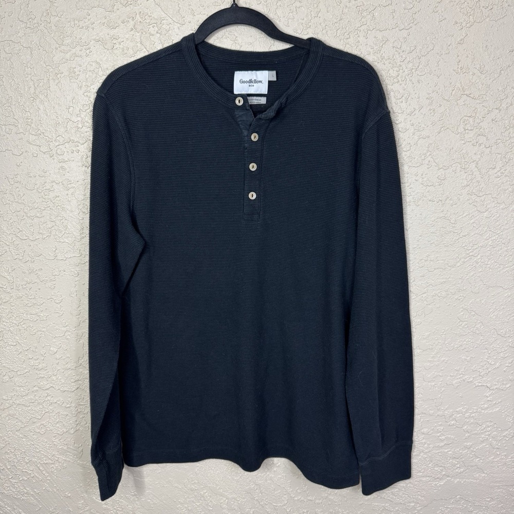 Goodfellow & Co Mens Waffle Knit Long Sleeve Henley Shirt L Black Standard Fit